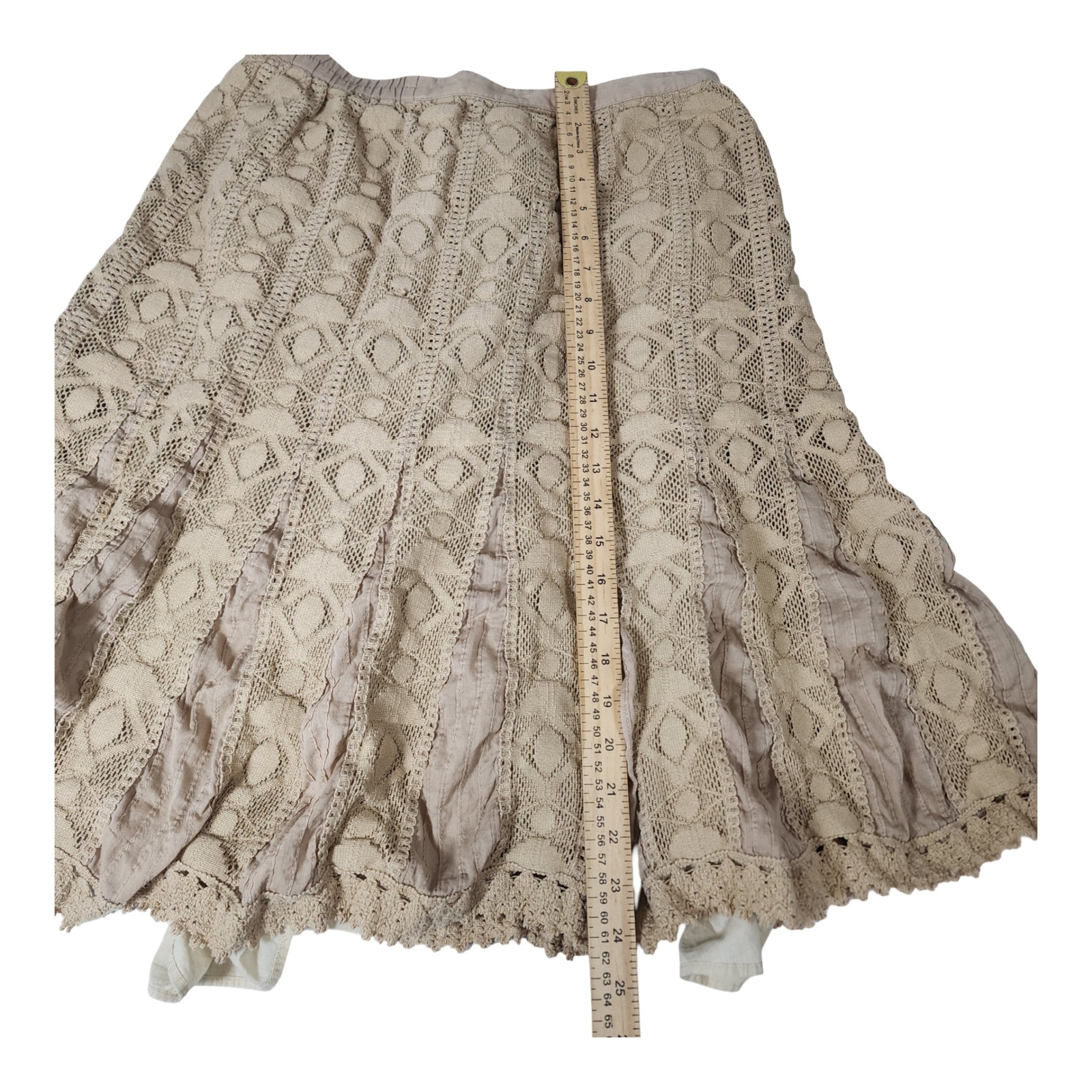Coldwater Creek Khaki Tan Crochet Lace Crinkle Cotton Midi Skirt P10 Boho P10 — image 5 of 8